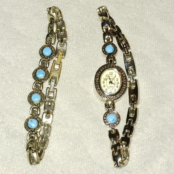 Vintage Turquoise Stone Watch Set Vintage Sterling Silver Inlaid with Turquoise Watch Band  main image 2